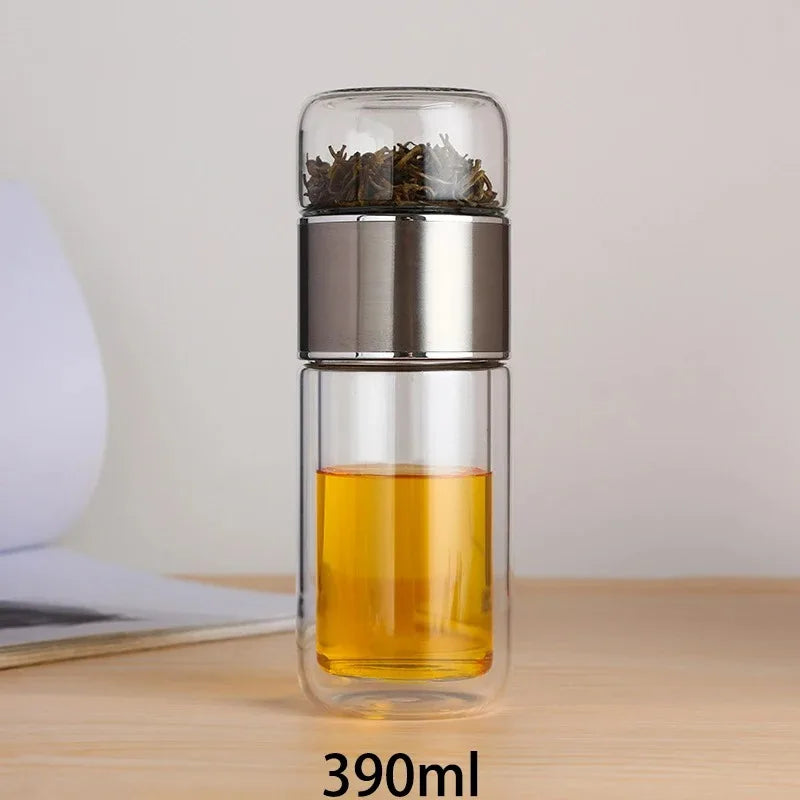 420ML Tea Water Bottle with Infuser - Borosilicate Glass - Double Layer