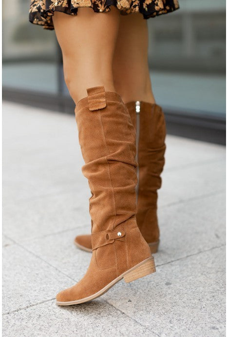 Low Heel Side Zipper Suede Women's High Boots