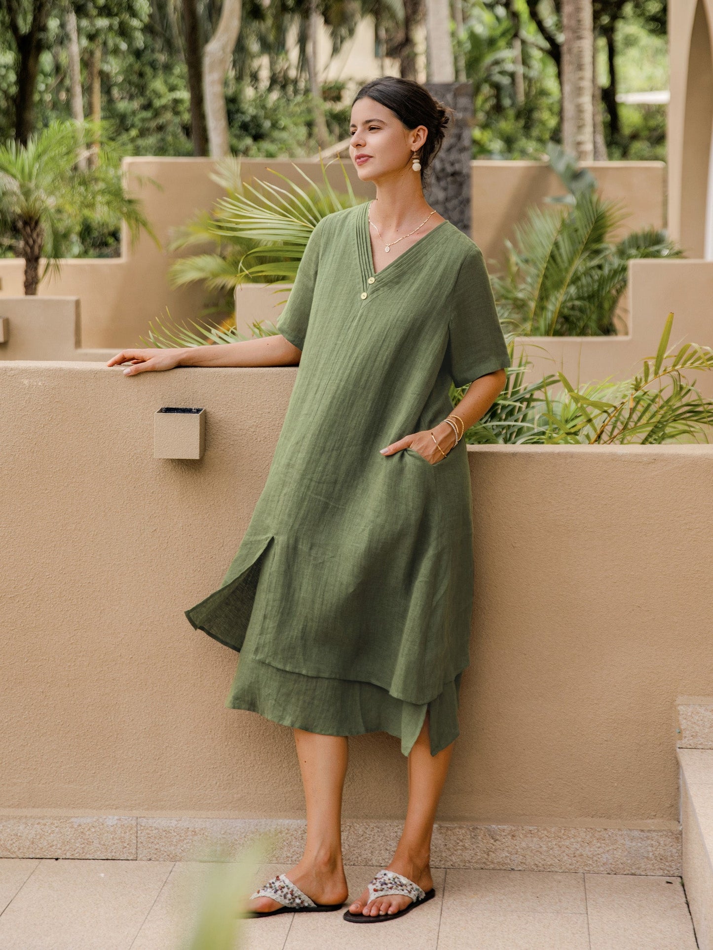 100% Linen V-Neck Double-Layer Midi Dress