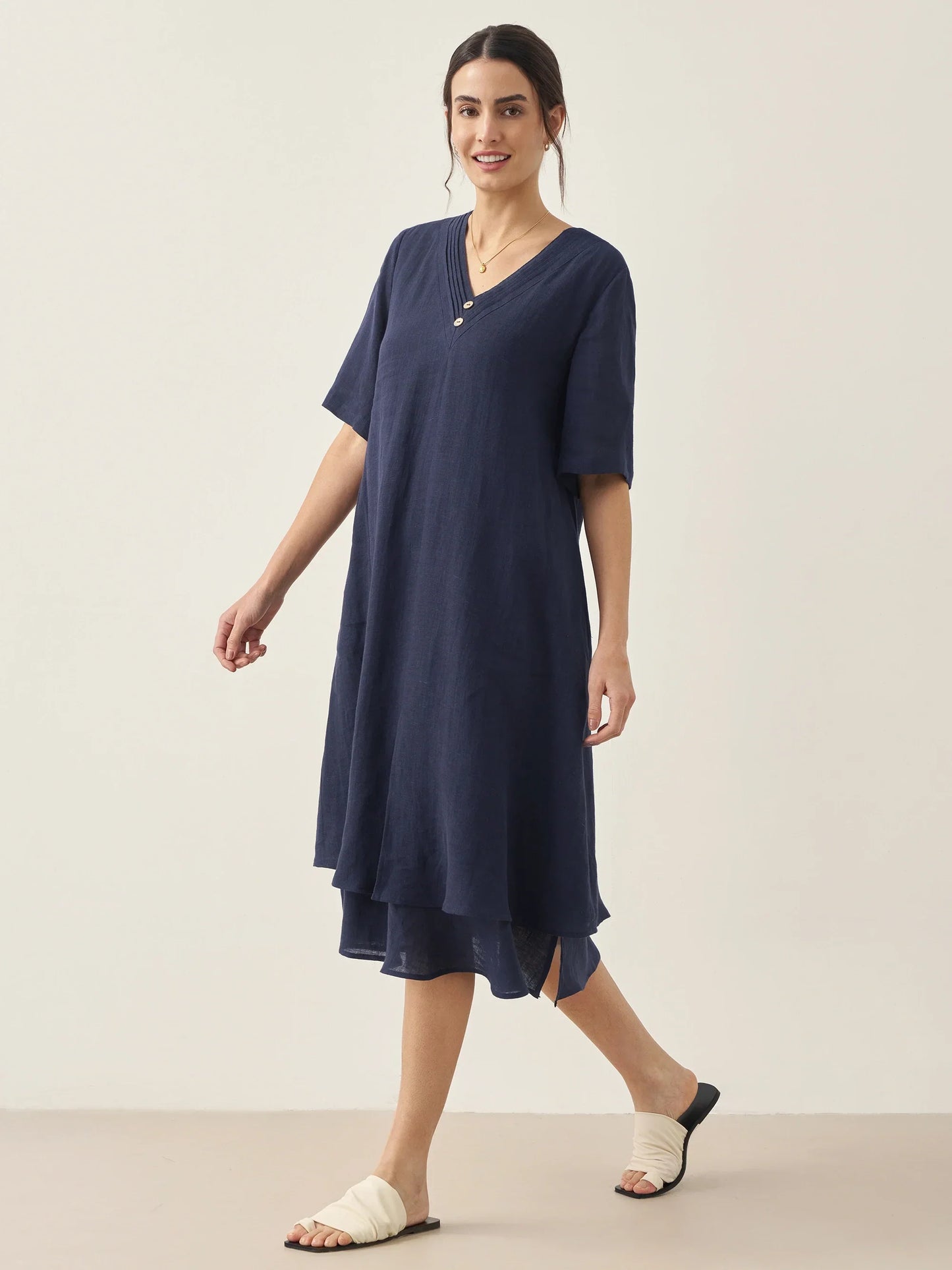 100% Linen V-Neck Double-Layer Midi Dress