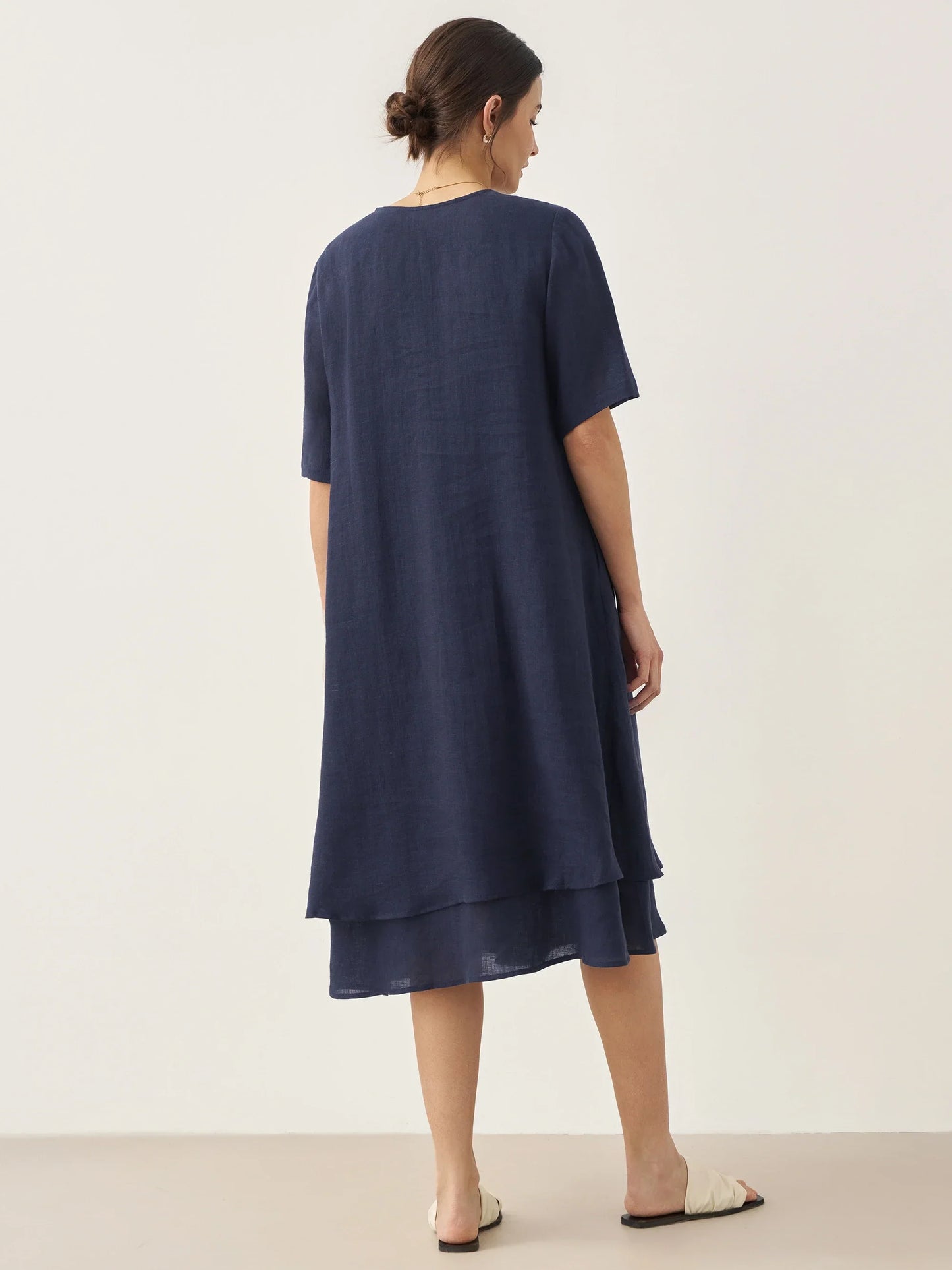 100% Linen V-Neck Double-Layer Midi Dress