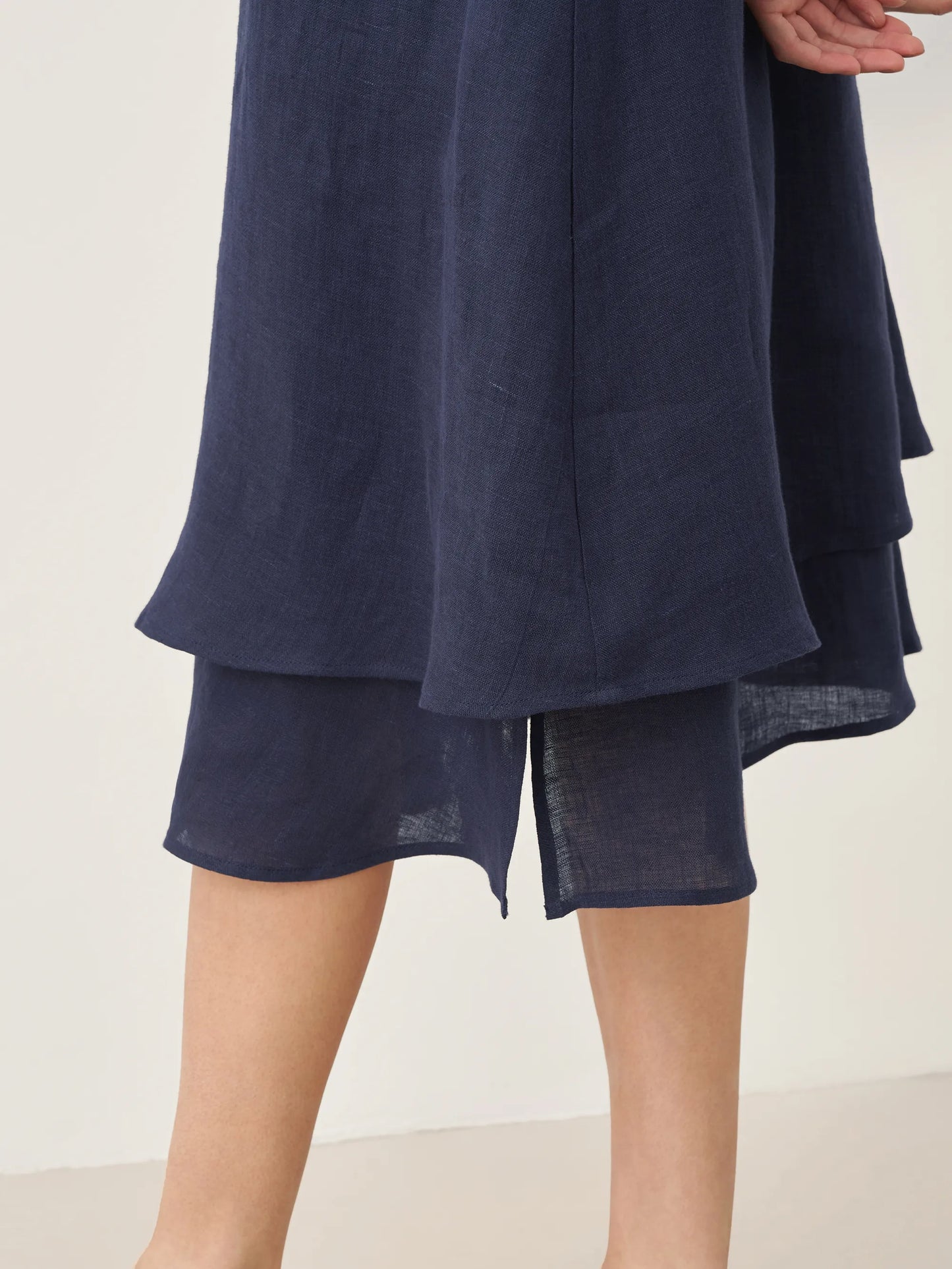 100% Linen V-Neck Double-Layer Midi Dress