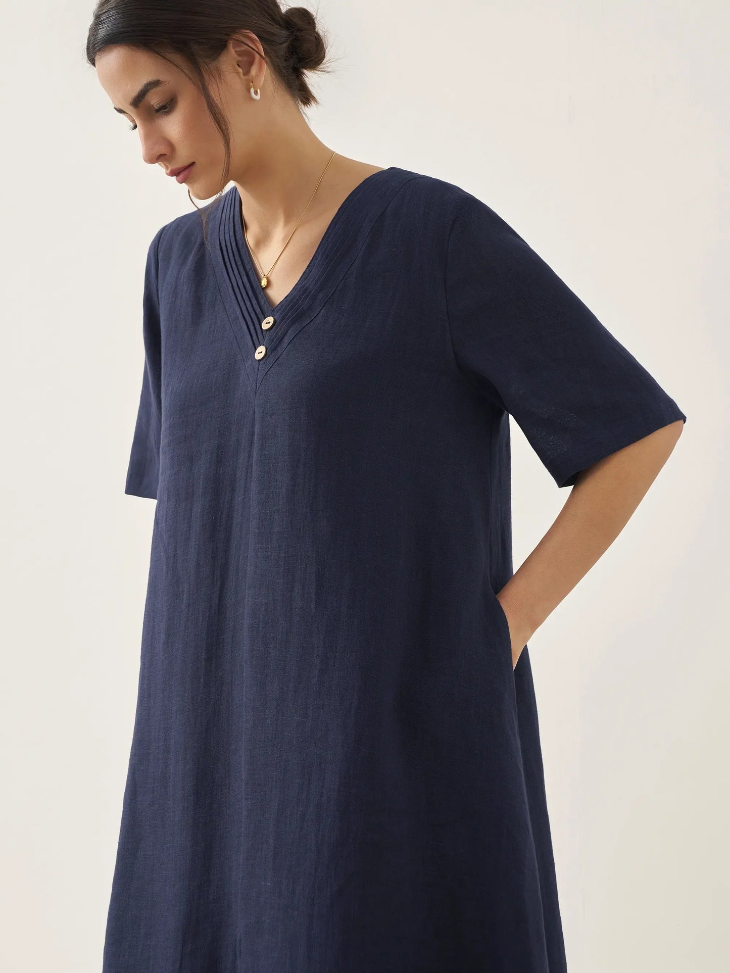 100% Linen V-Neck Double-Layer Midi Dress