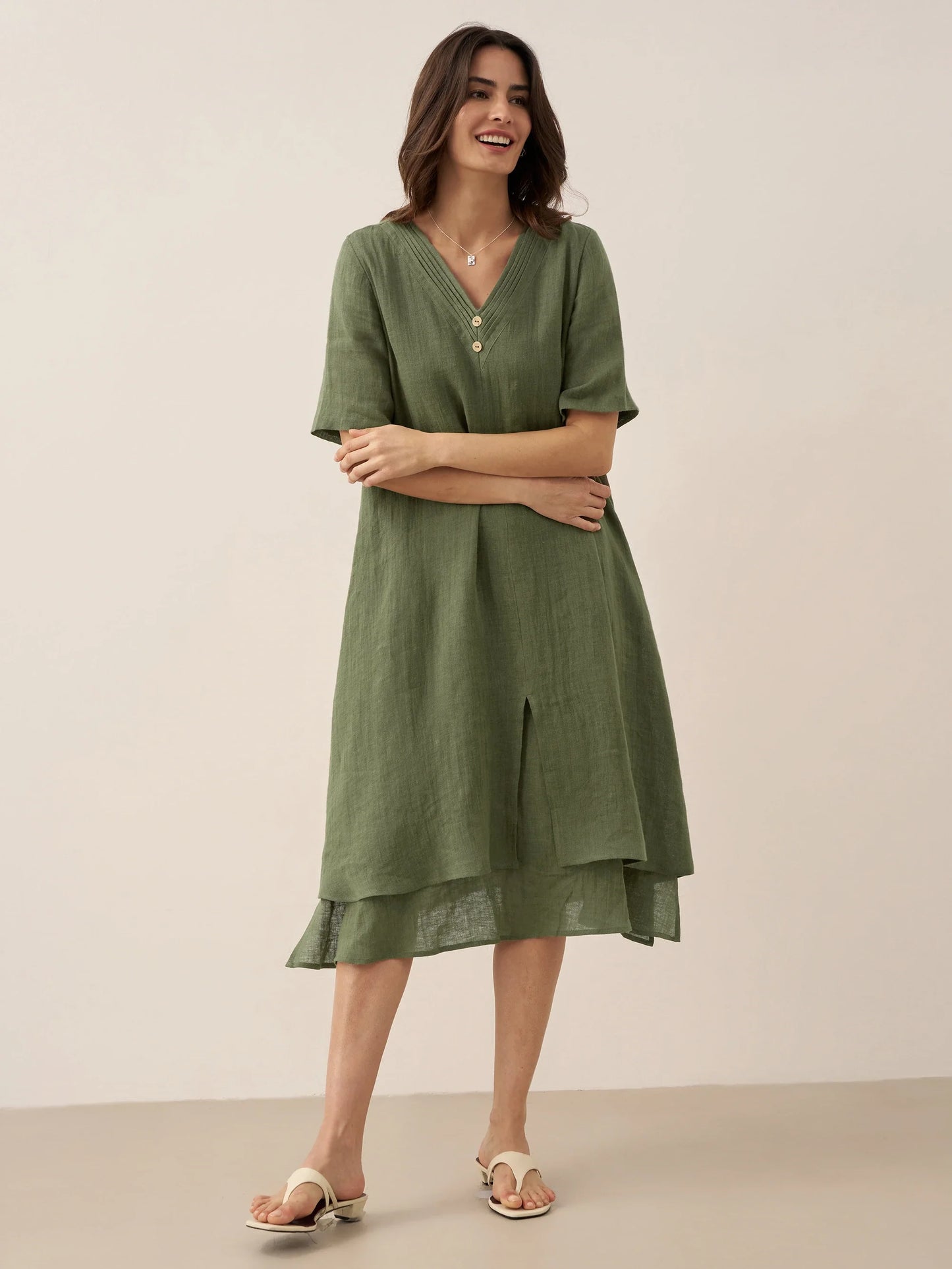 100% Linen V-Neck Double-Layer Midi Dress