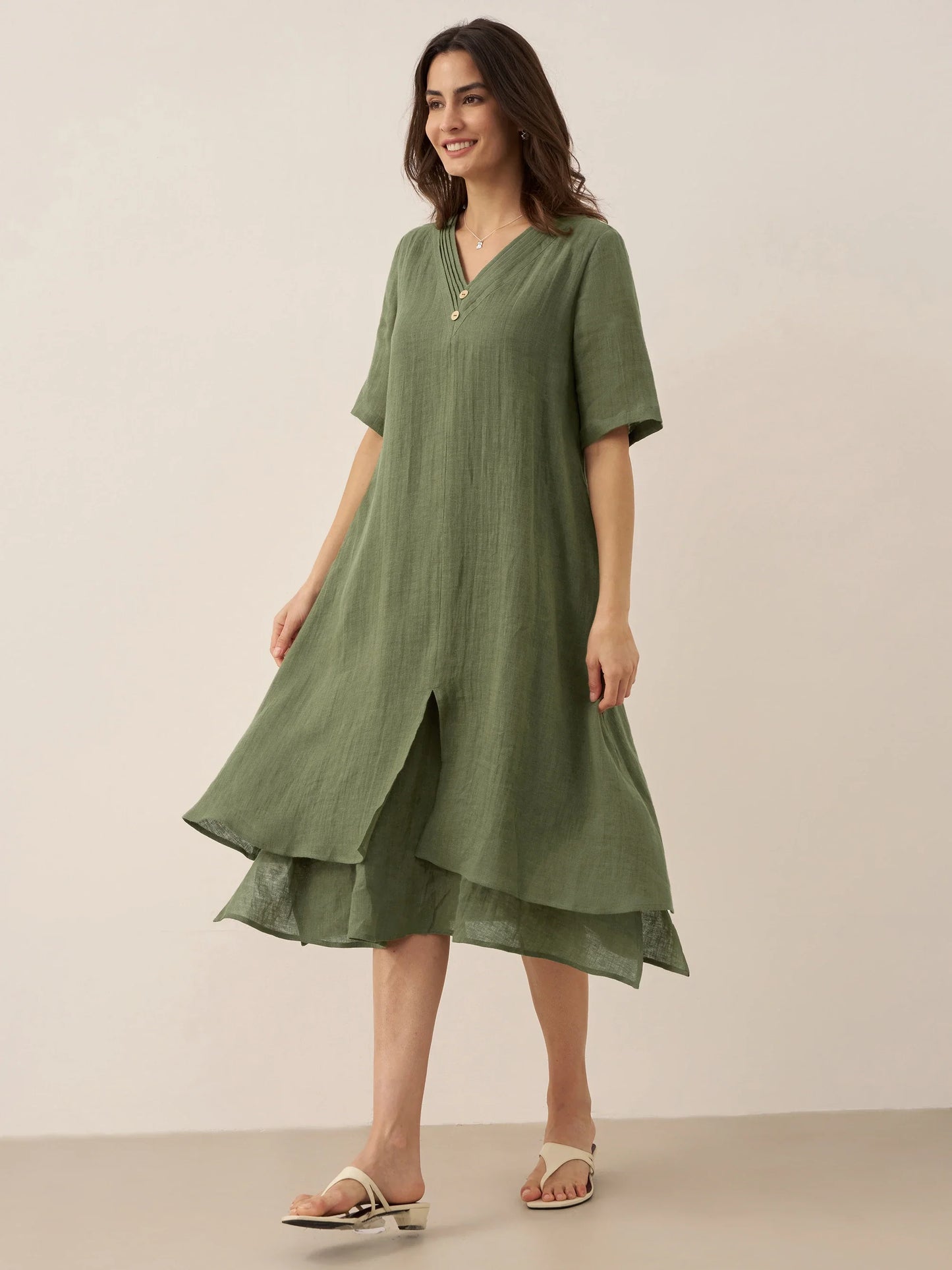 100% Linen V-Neck Double-Layer Midi Dress