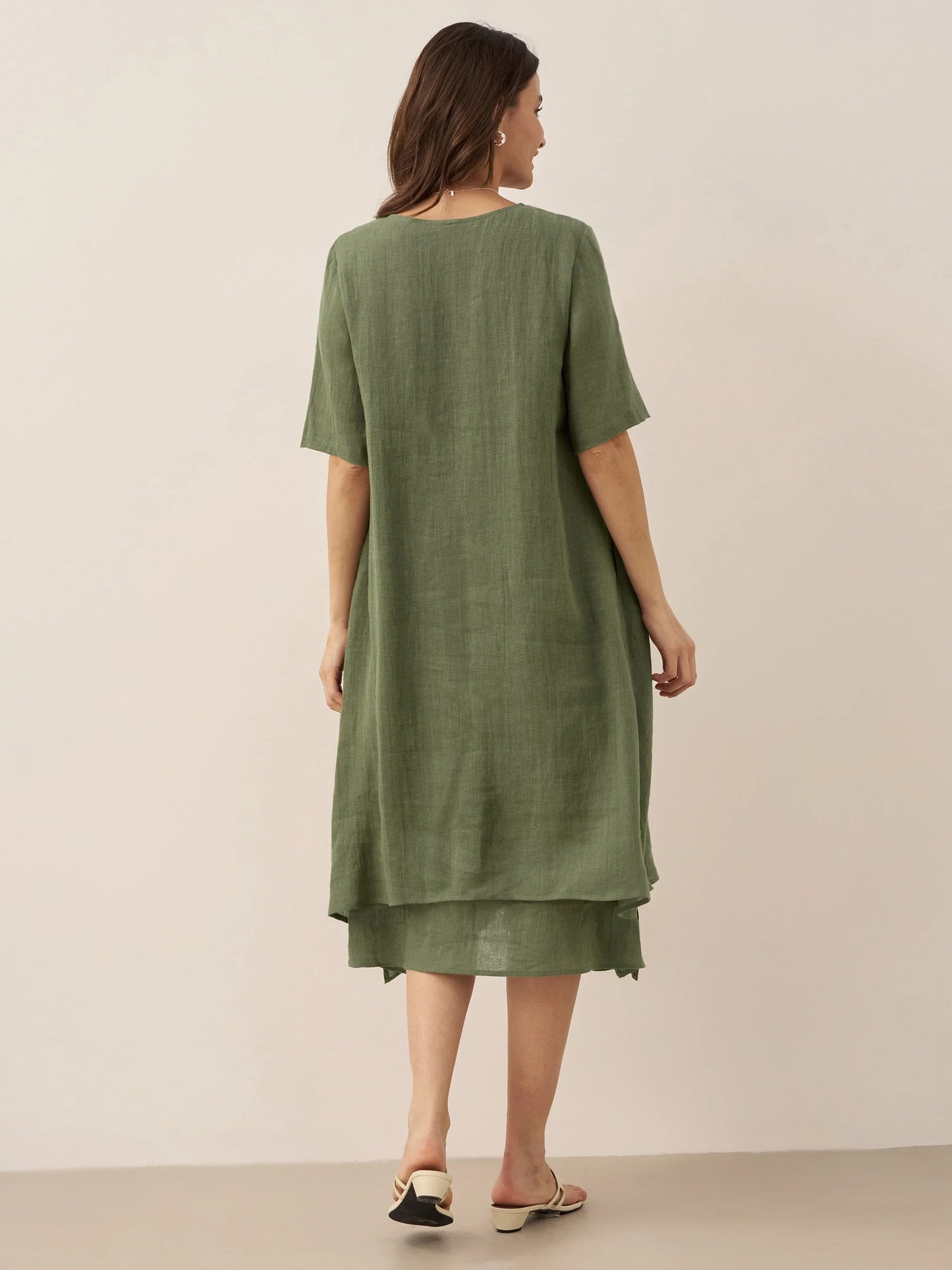 100% Linen V-Neck Double-Layer Midi Dress