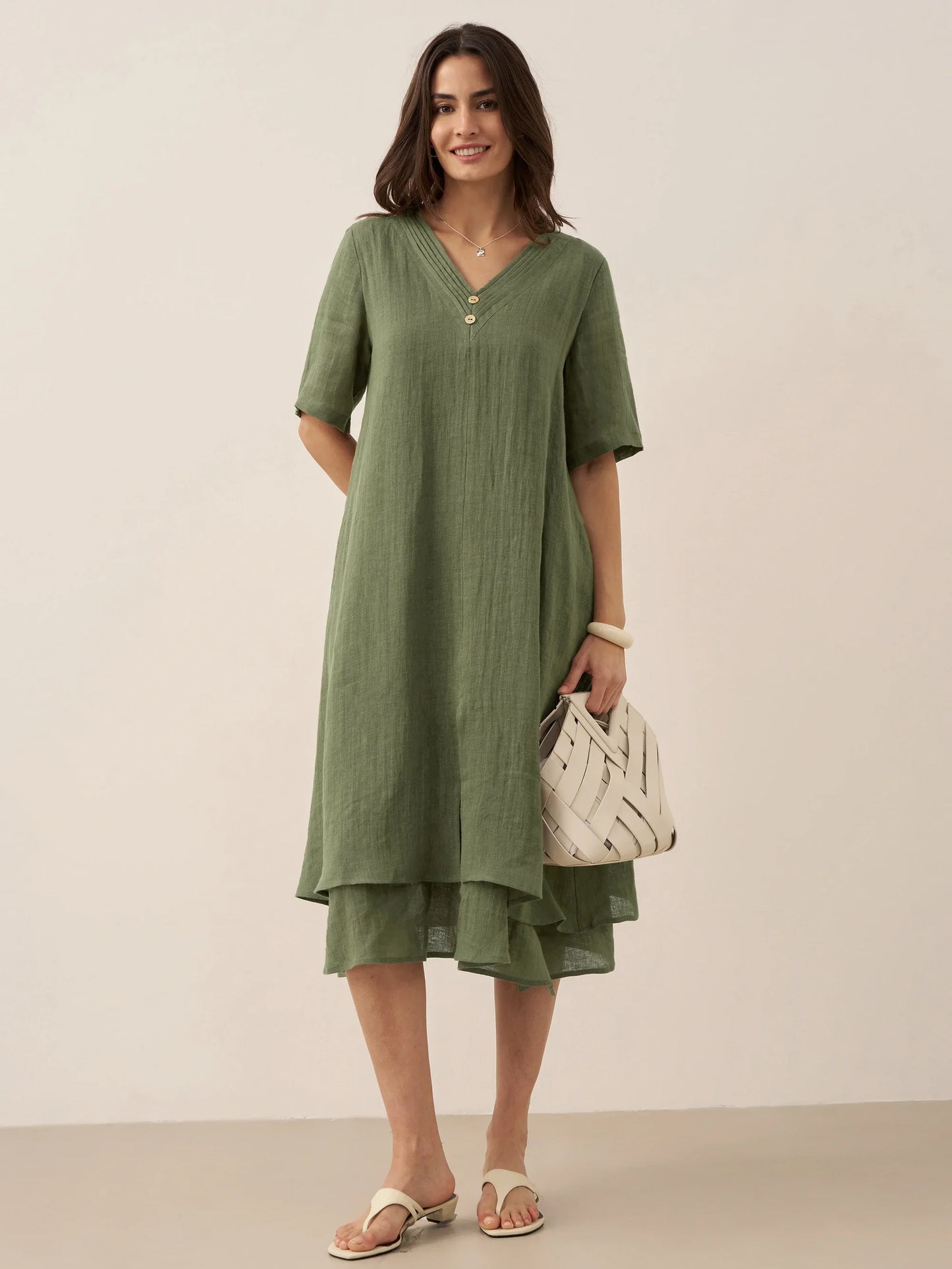 100% Linen V-Neck Double-Layer Midi Dress