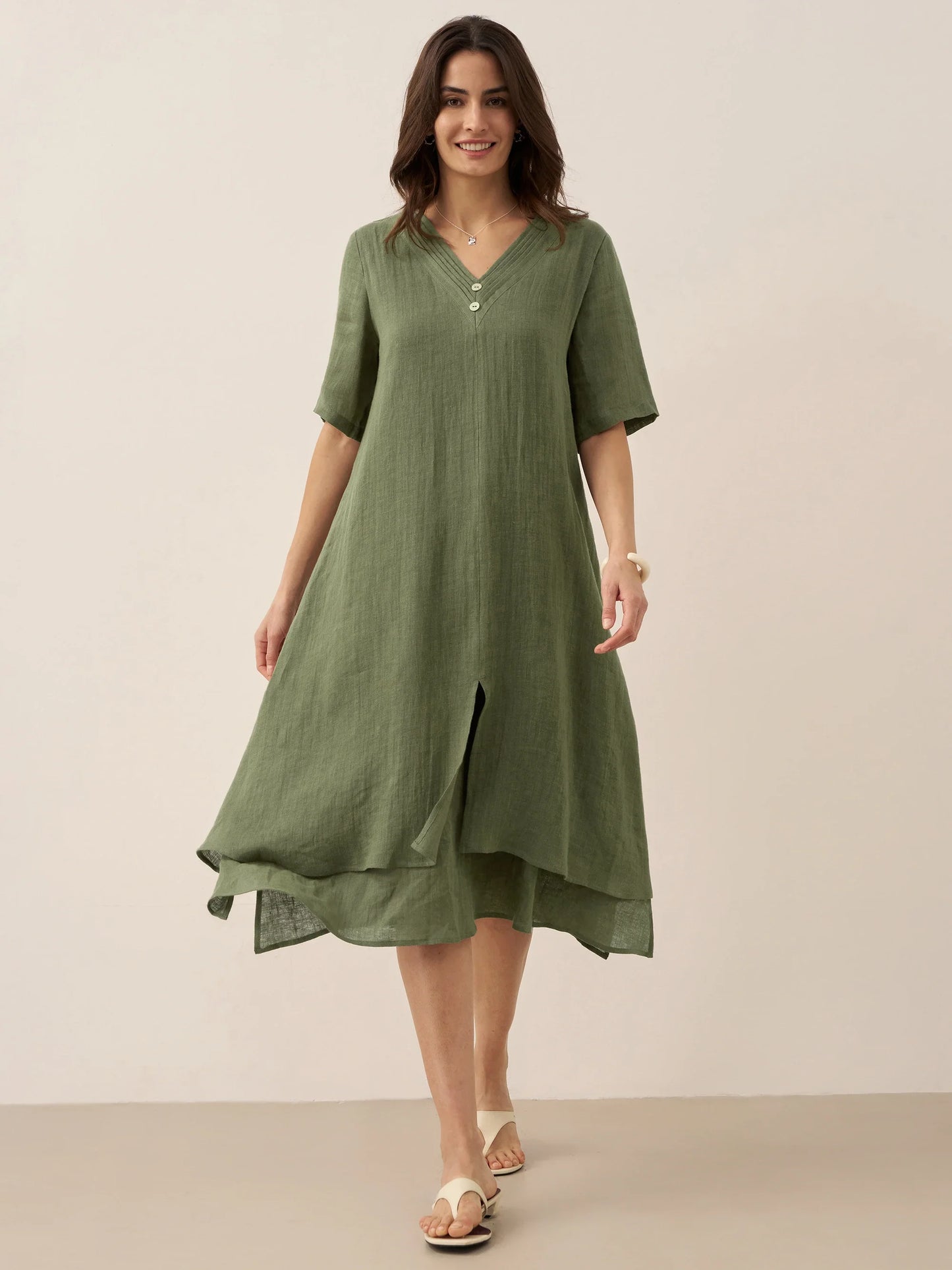 100% Linen V-Neck Double-Layer Midi Dress