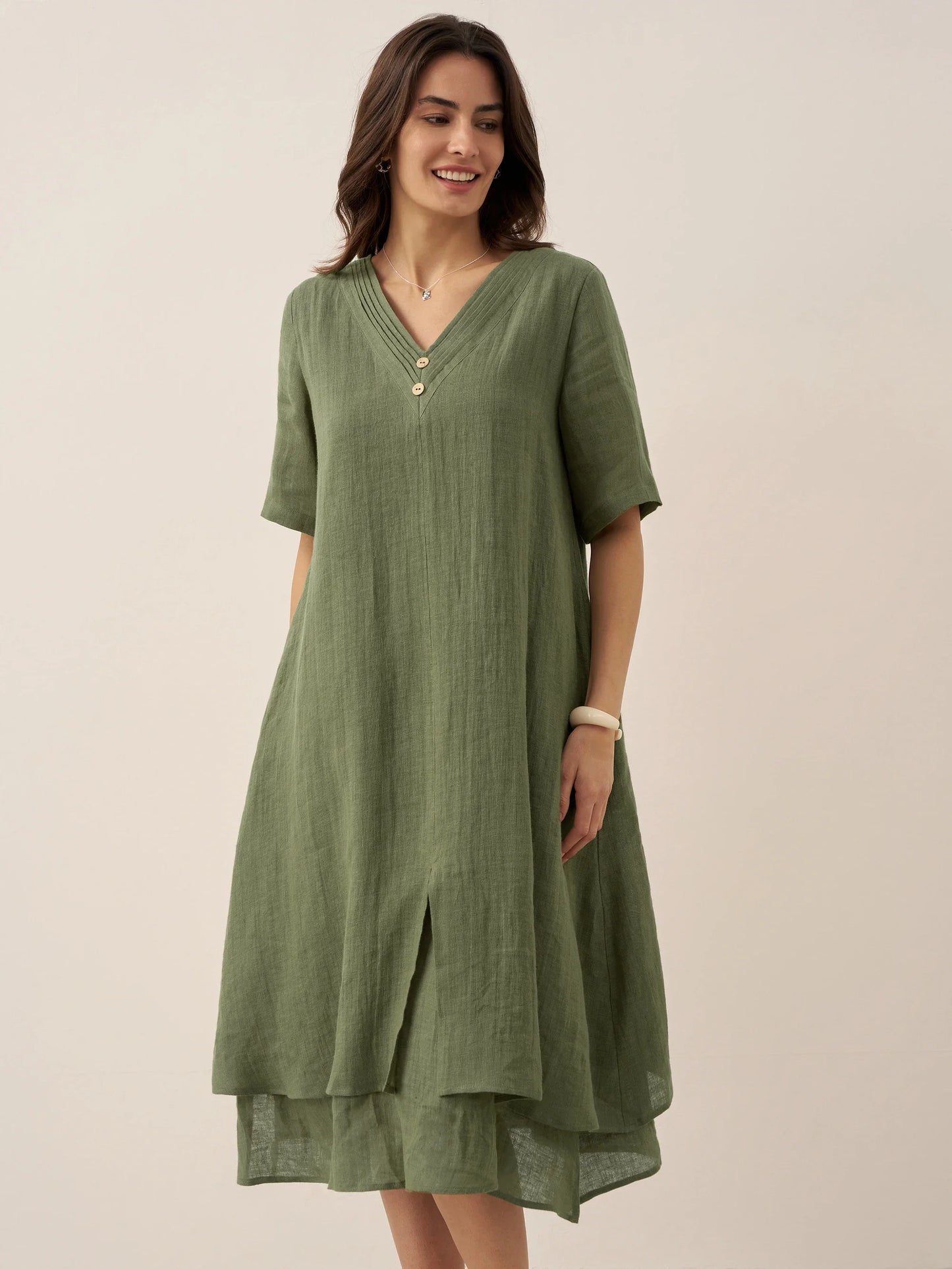 100% Linen V-Neck Double-Layer Midi Dress