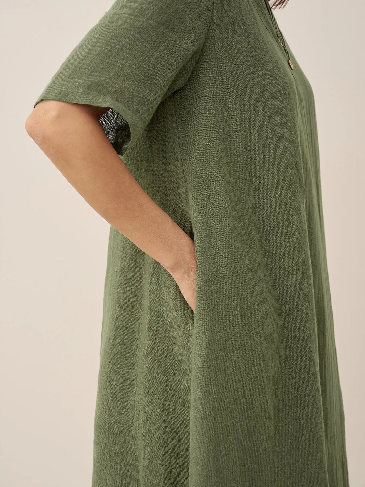 100% Linen V-Neck Double-Layer Midi Dress
