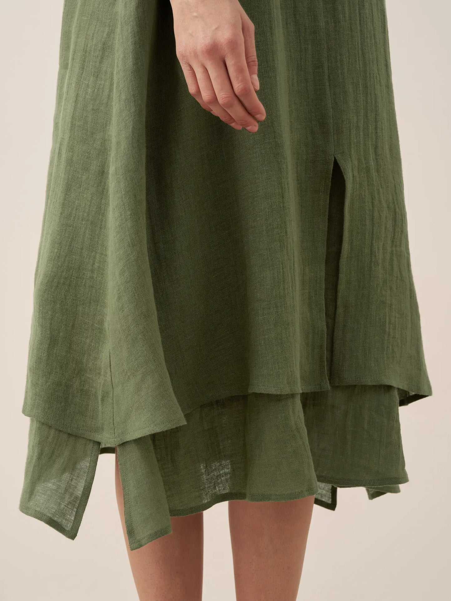 100% Linen V-Neck Double-Layer Midi Dress