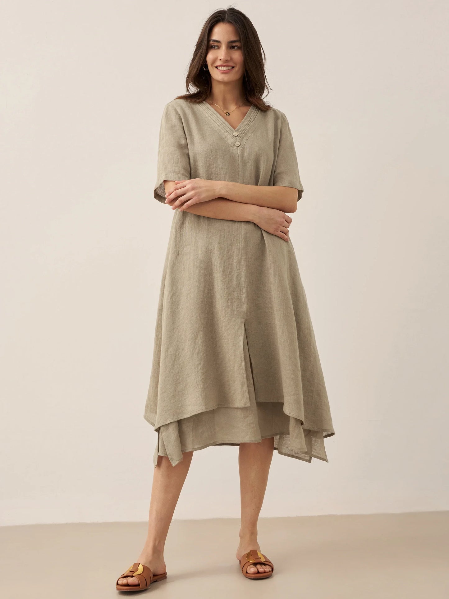 100% Linen V-Neck Double-Layer Midi Dress