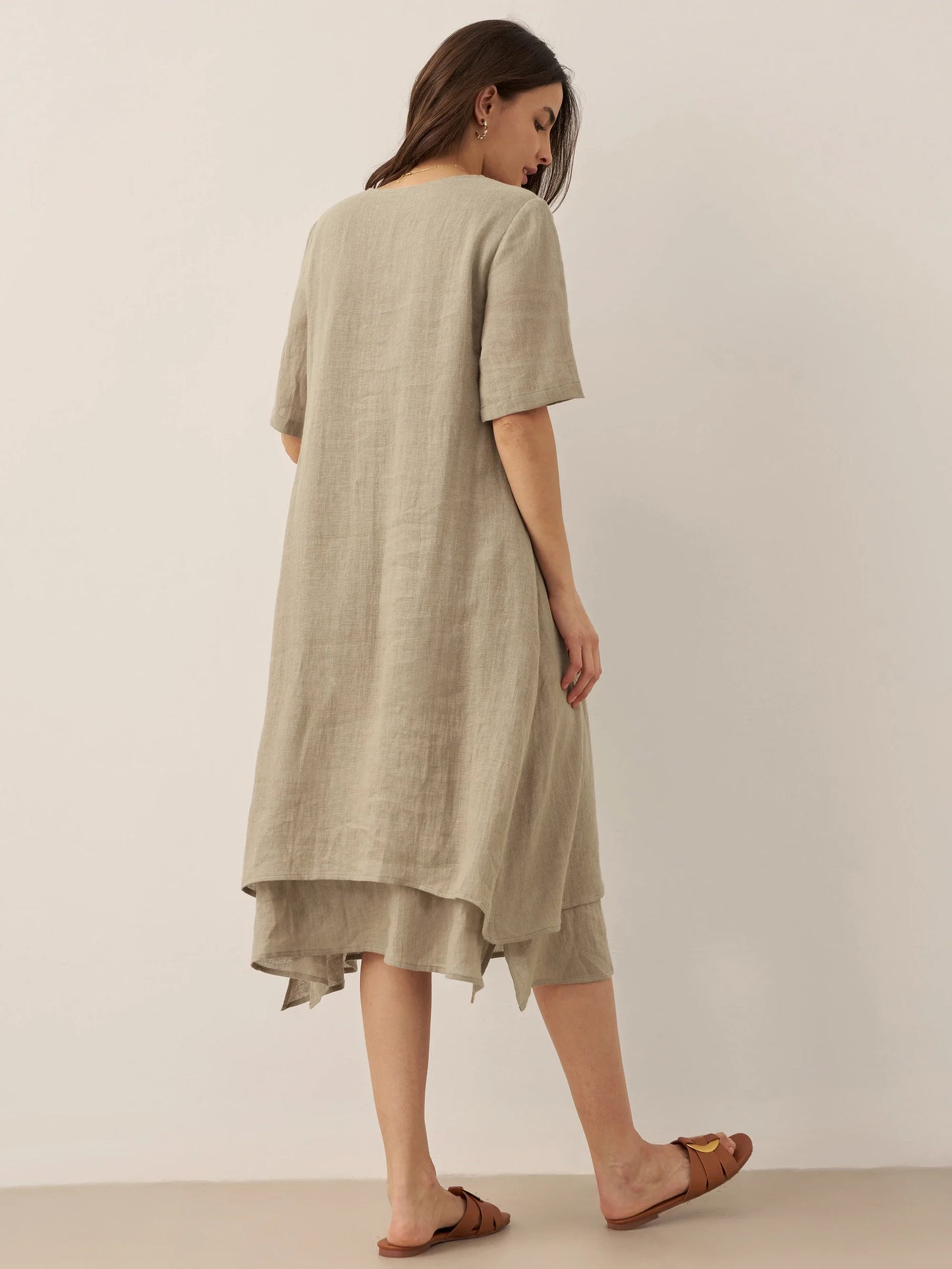 100% Linen V-Neck Double-Layer Midi Dress