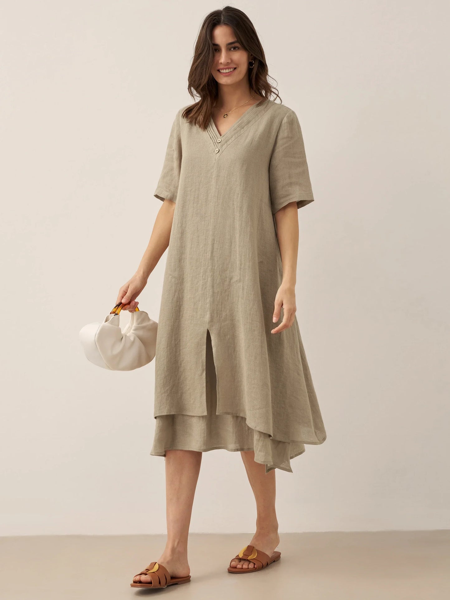 100% Linen V-Neck Double-Layer Midi Dress