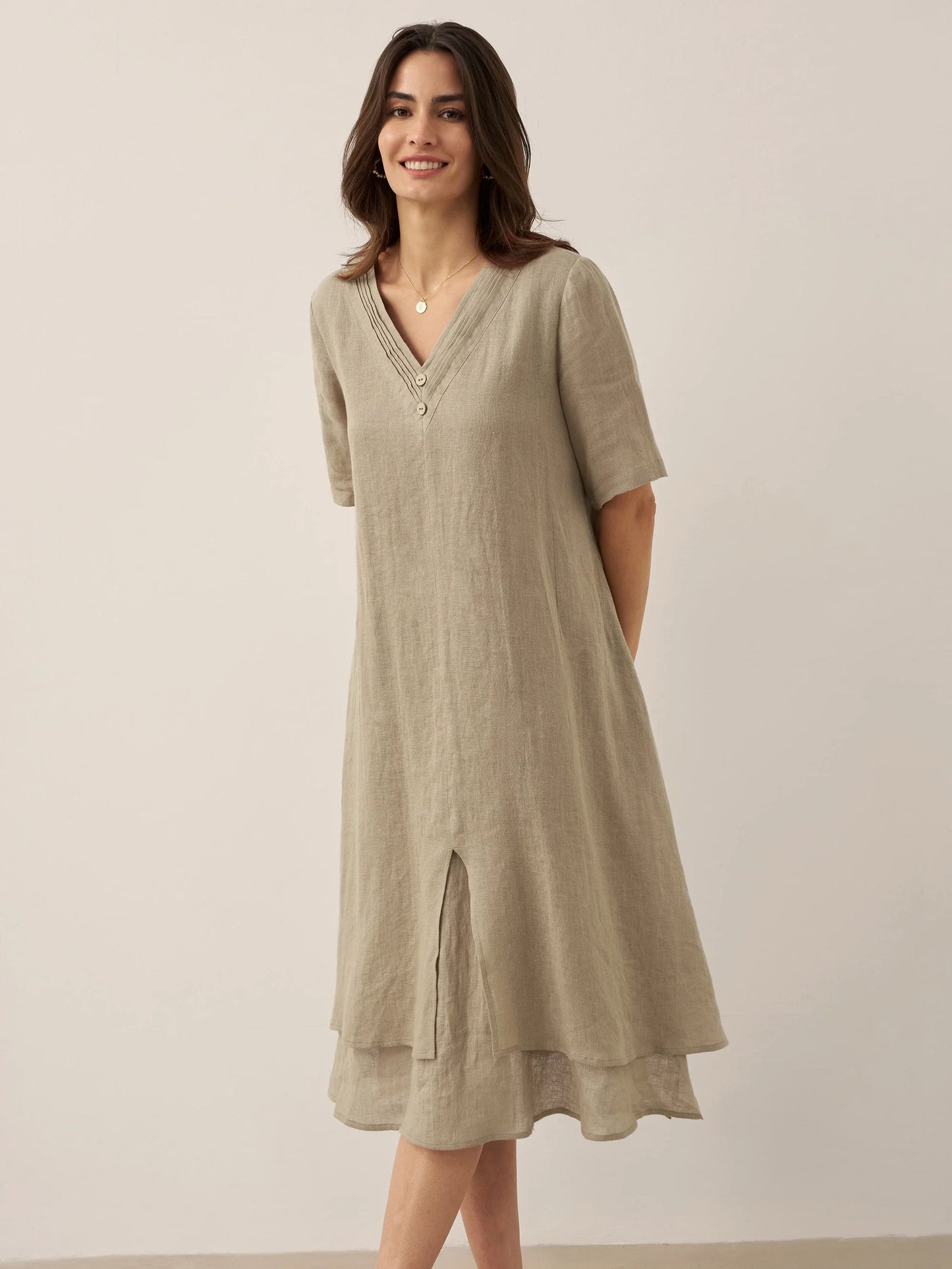 100% Linen V-Neck Double-Layer Midi Dress
