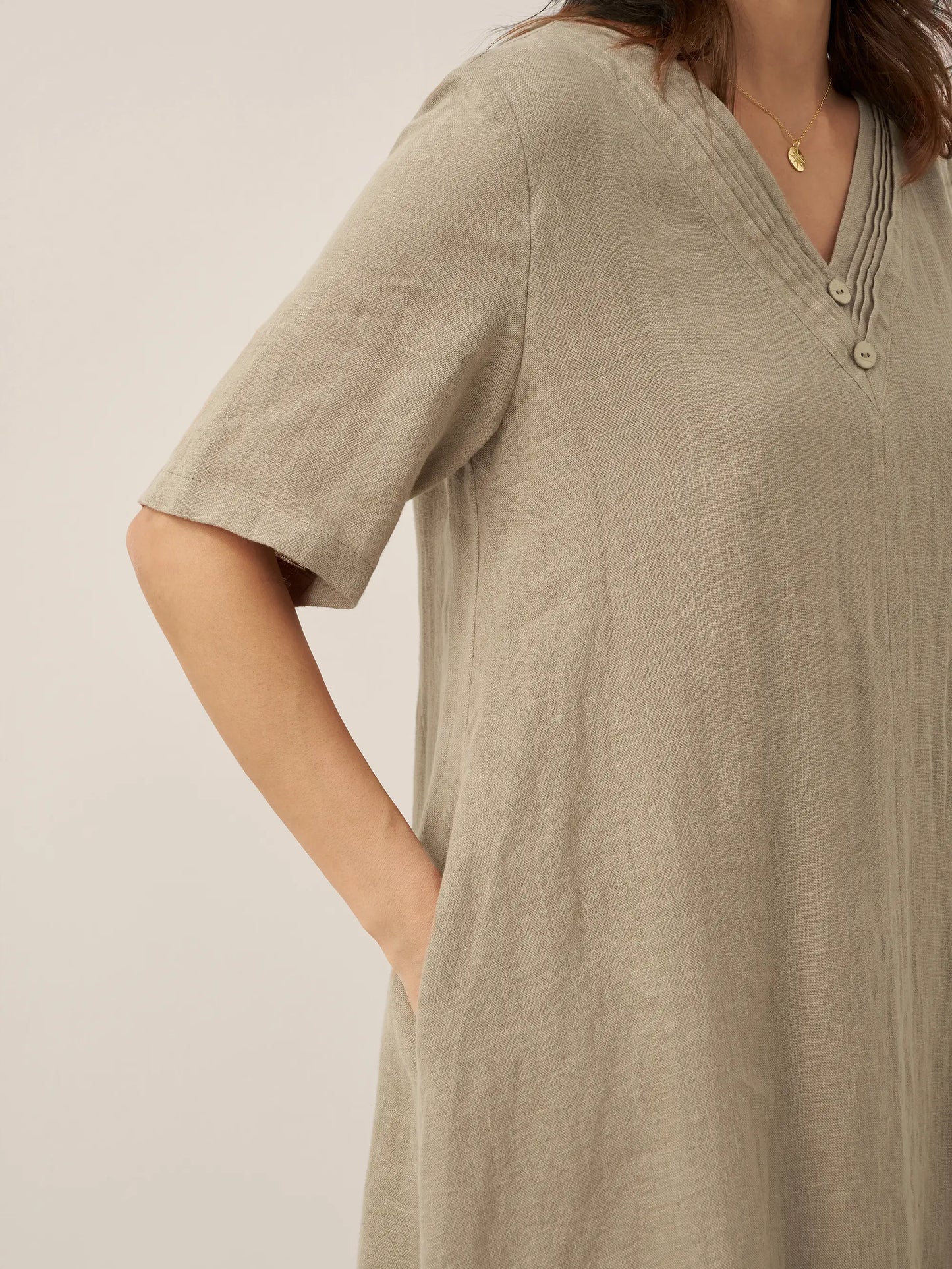 100% Linen V-Neck Double-Layer Midi Dress