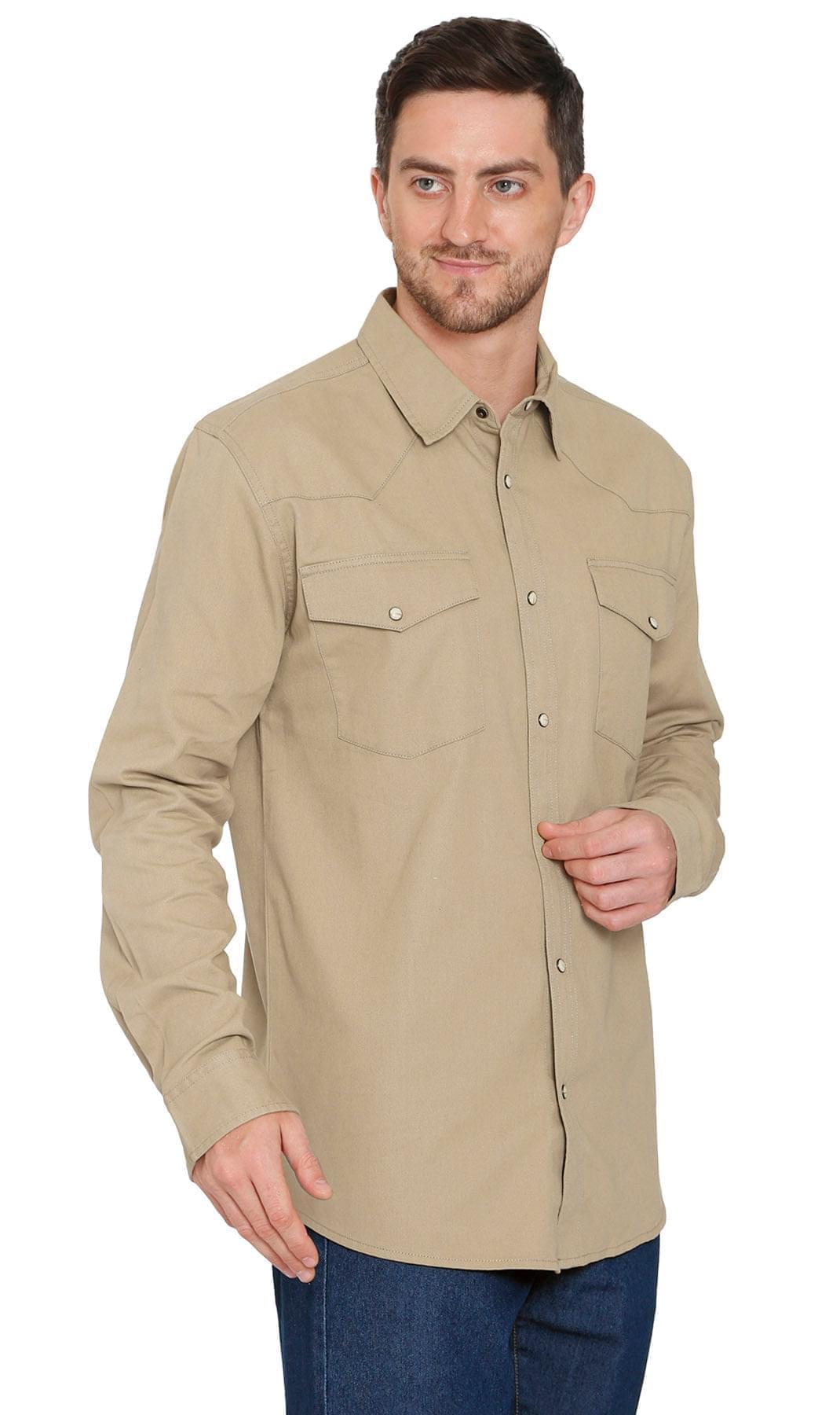 Mens Western Snap Front Button Shirt in Denim and Twill with a Stitched Yoke and Chest Pockets