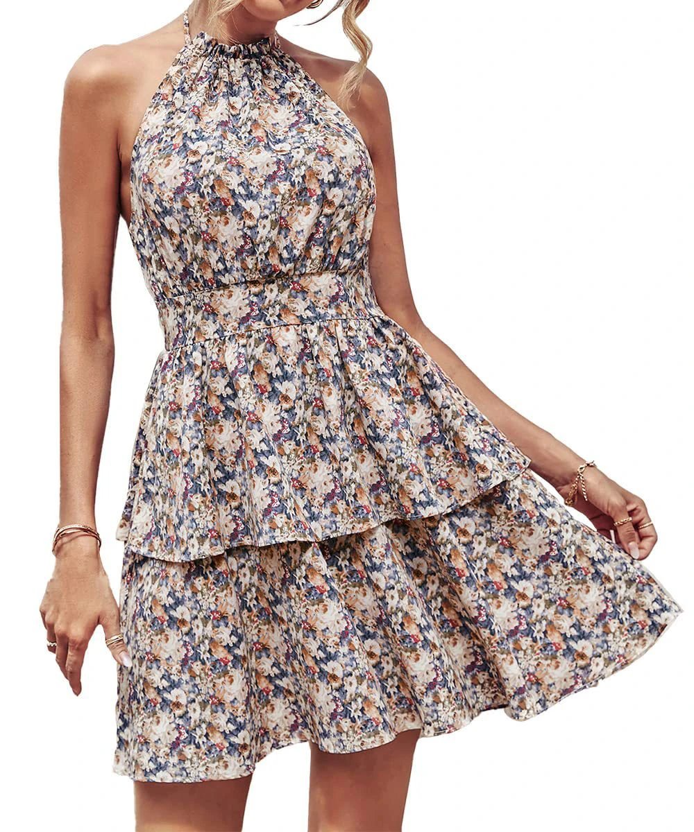 Summer Printed Halter Dress - Boho Backless Ruffled A-Line Dress