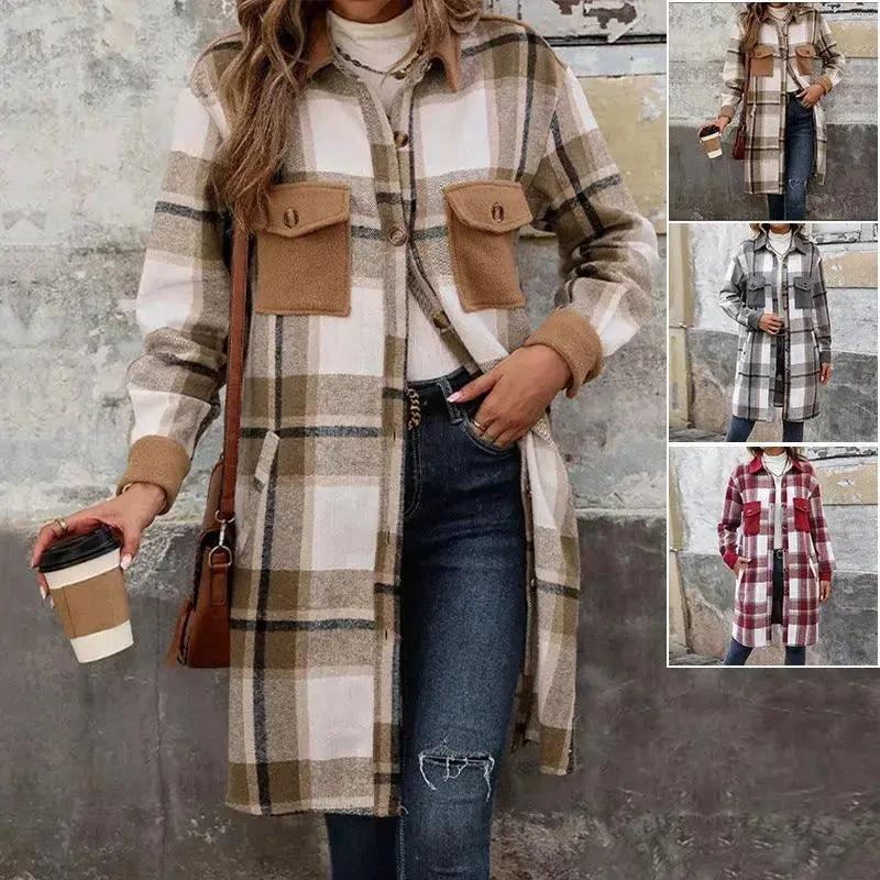 Brushed Plaid Long Coat with Pockets