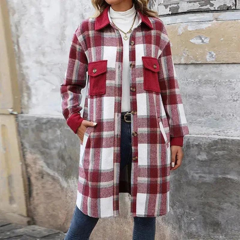 Brushed Plaid Long Coat with Pockets