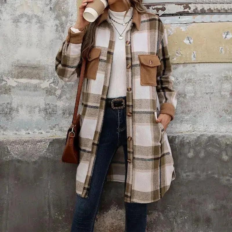 Brushed Plaid Long Coat with Pockets
