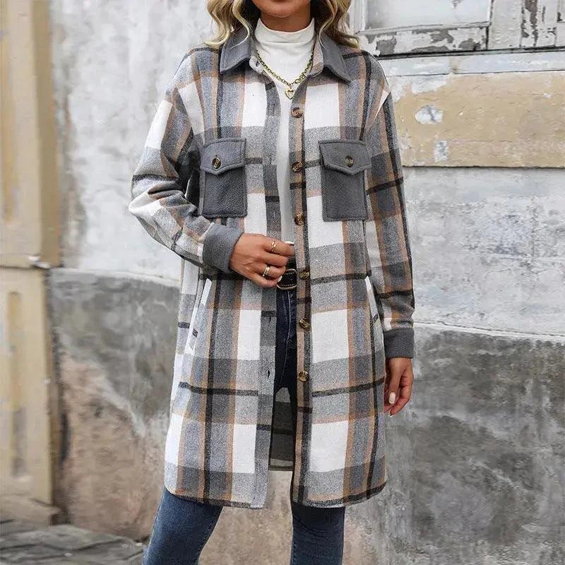 Brushed Plaid Long Coat with Pockets