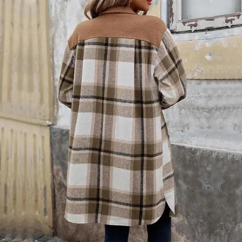 Brushed Plaid Long Coat with Pockets