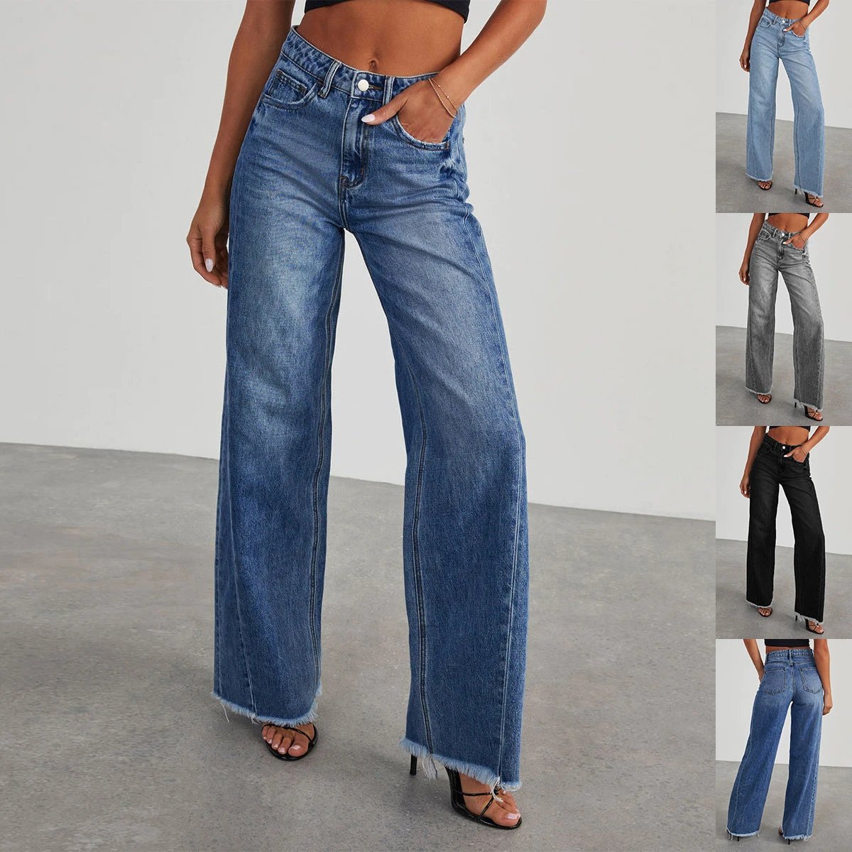 Mandotos Fashion High Waist Jeans With Pockets Slim Fit Straight Wide Leg Denim Pants