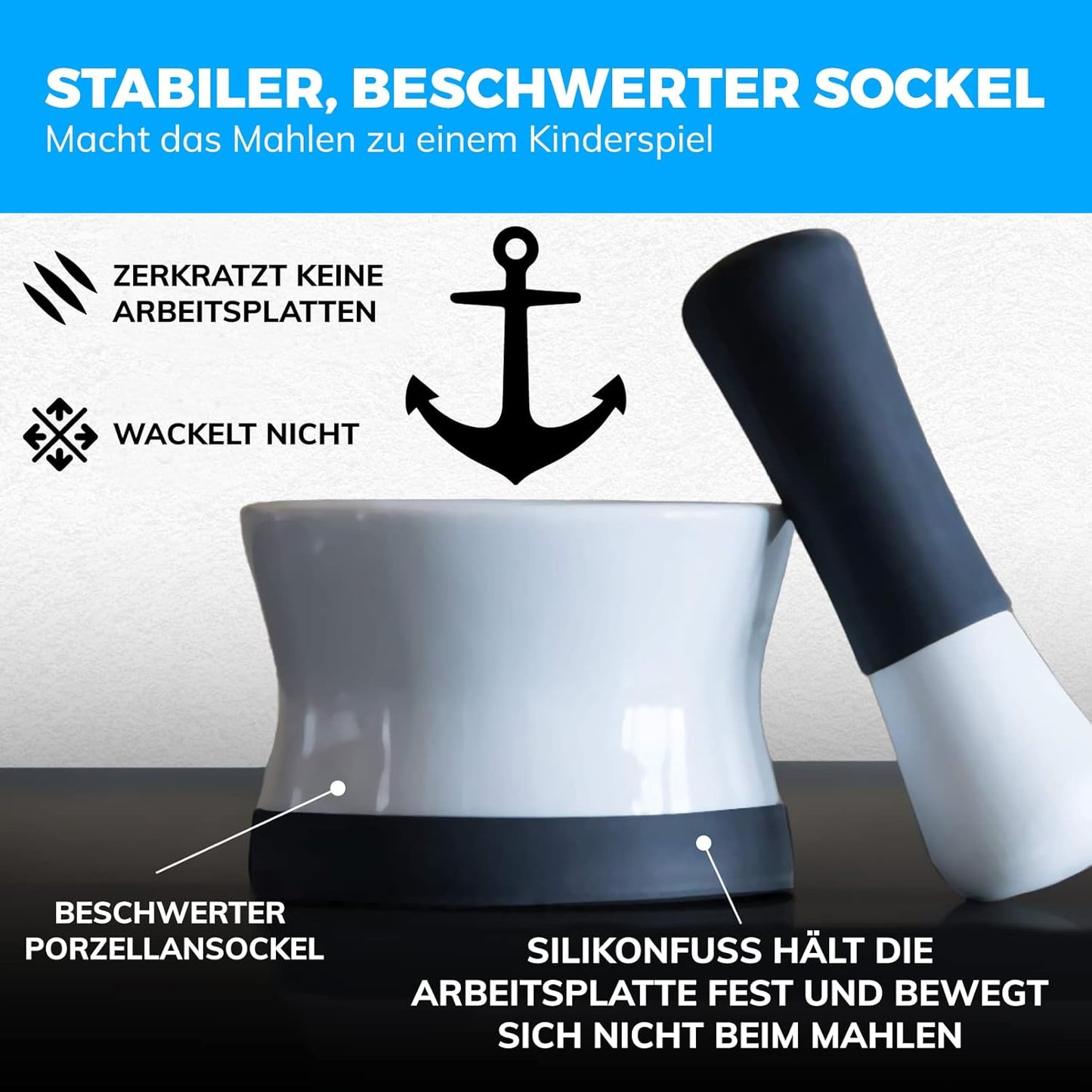 EZ-Grip Silicone & Porcelain Mortar and Pestle with Non-Slip Detachable Silicone Base - Dishwasher Safe by Cooler Kitchen