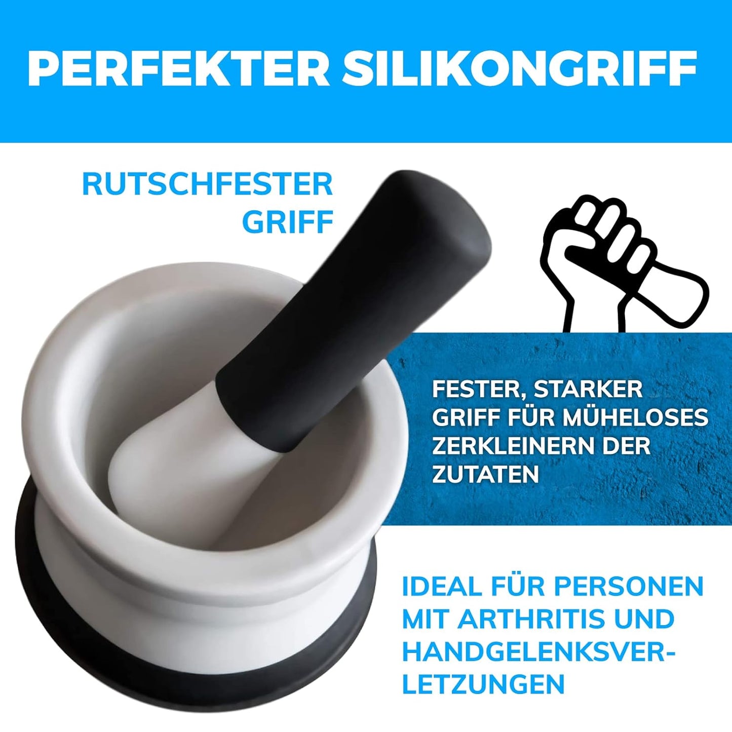 EZ-Grip Silicone & Porcelain Mortar and Pestle with Non-Slip Detachable Silicone Base - Dishwasher Safe by Cooler Kitchen