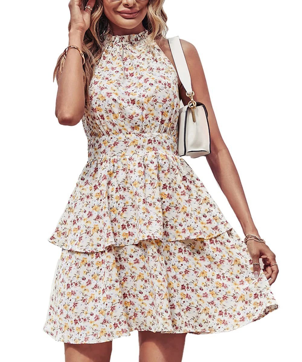 Summer Printed Halter Dress - Boho Backless Ruffled A-Line Dress