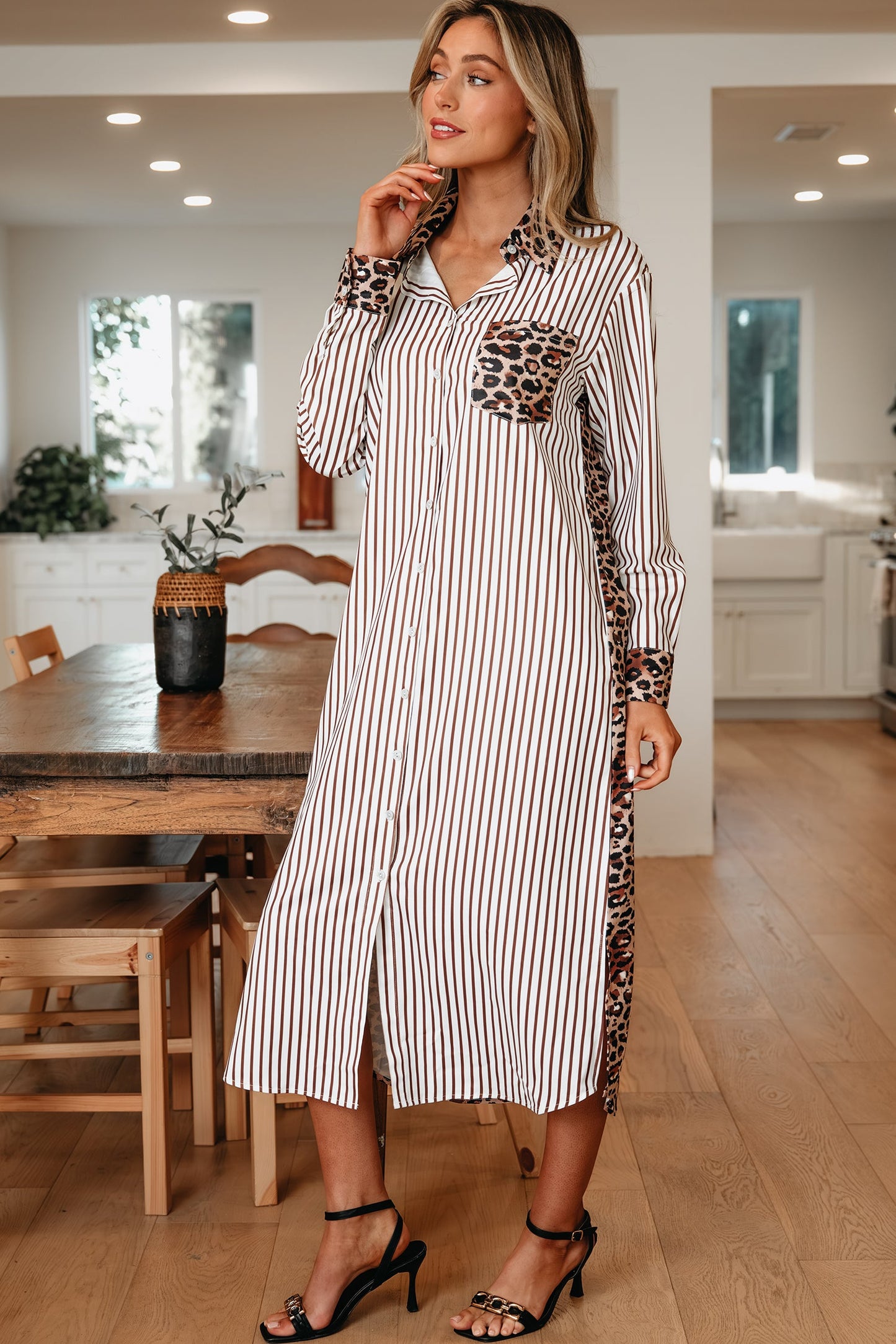 Sky Blue Stripe Contrast Leopard Patchwork Long Shirt Dress with Slits