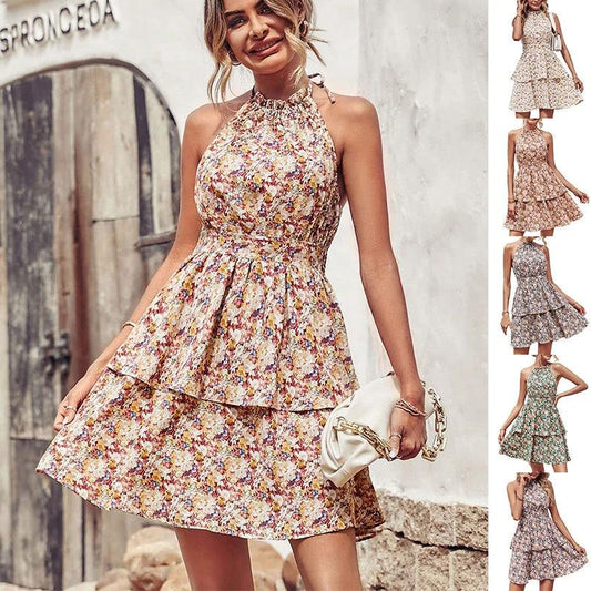 Summer Printed Halter Dress - Boho Backless Ruffled A-Line Dress