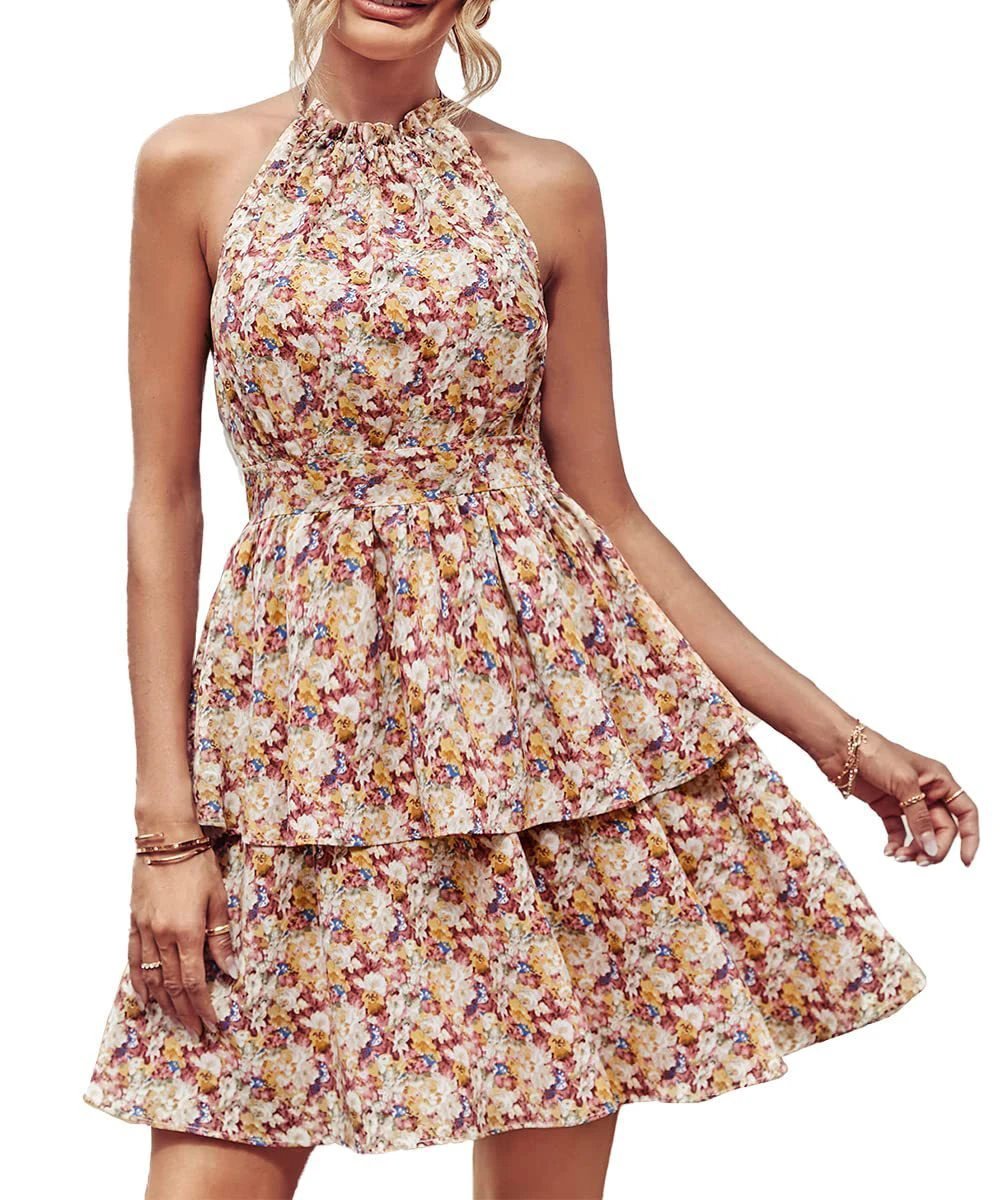 Summer Printed Halter Dress - Boho Backless Ruffled A-Line Dress