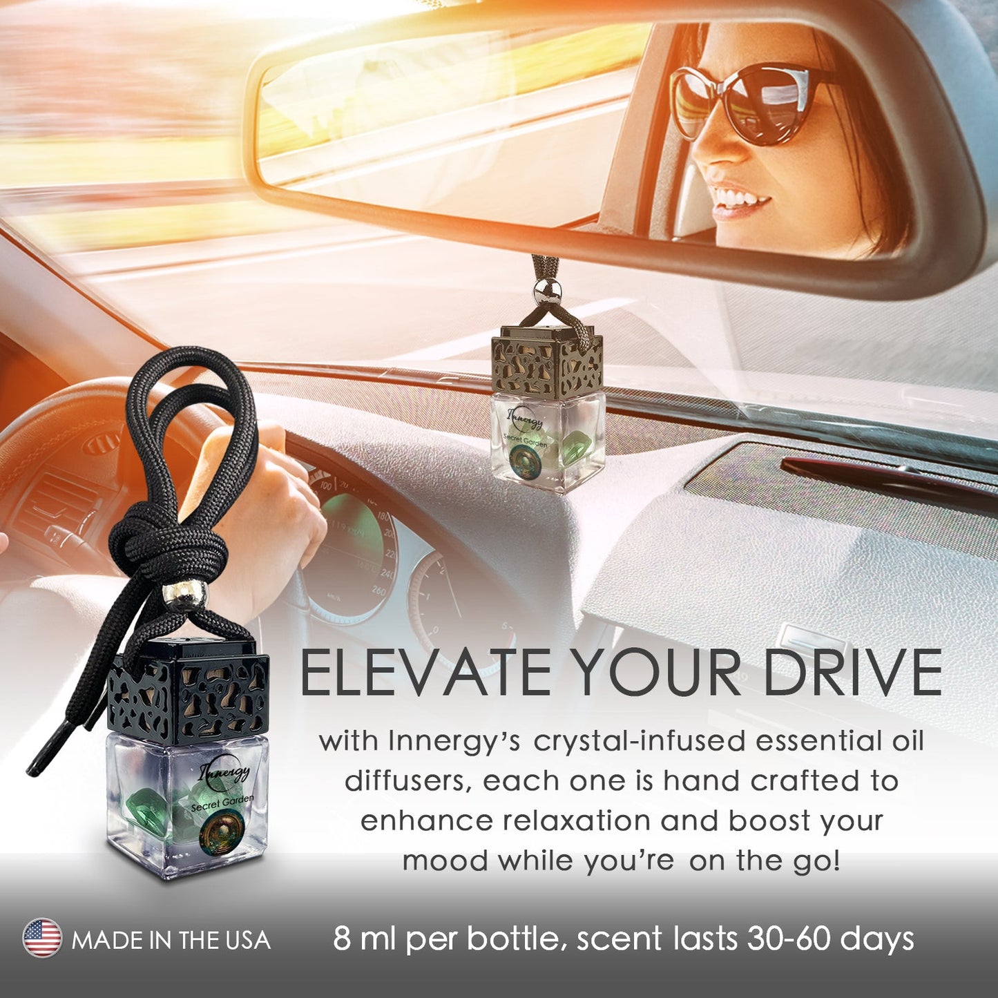 Secret Garden Crystal-Enhanced Oil Diffuser, Car Air Freshener, 8ml