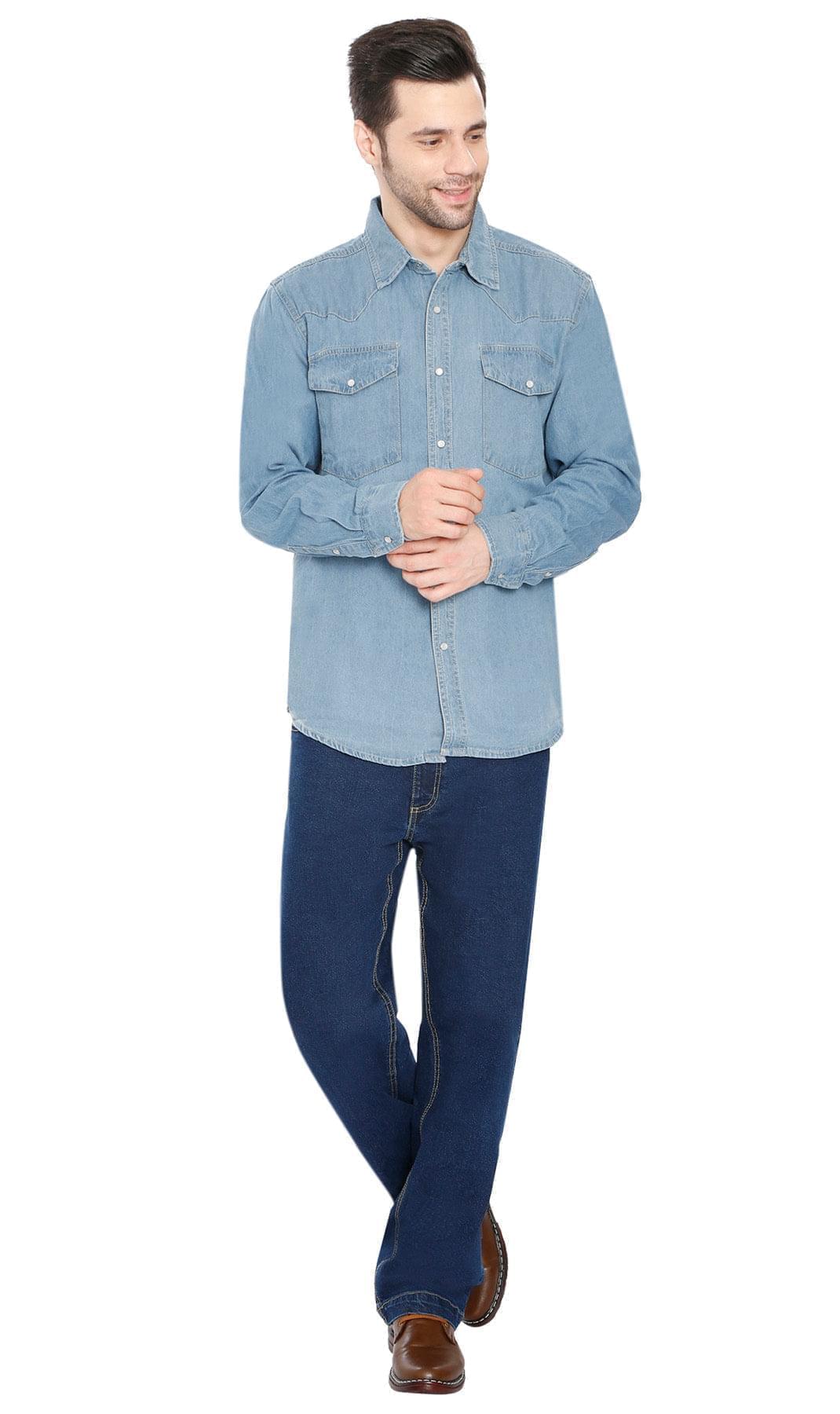 Mens Western Snap Front Button Shirt in Denim and Twill with a Stitched Yoke and Chest Pockets