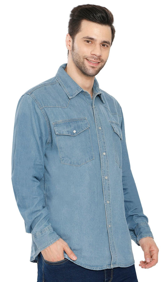 Mens Western Snap Front Button Shirt in Denim and Twill with a Stitched Yoke and Chest Pockets