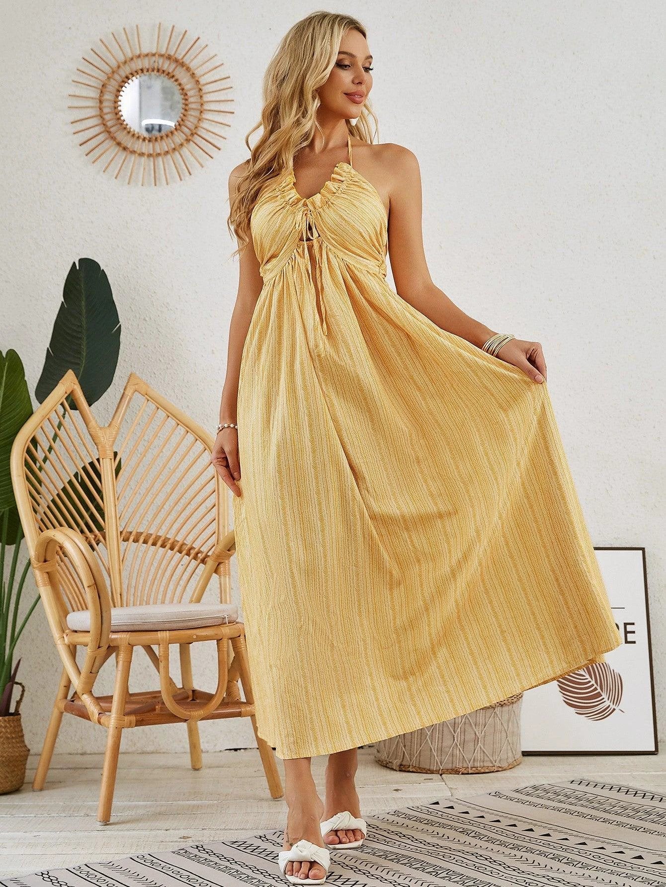 Bohemian Halter Maxi Dress - Women's Summer Sleeveless Flowy Beach Dress