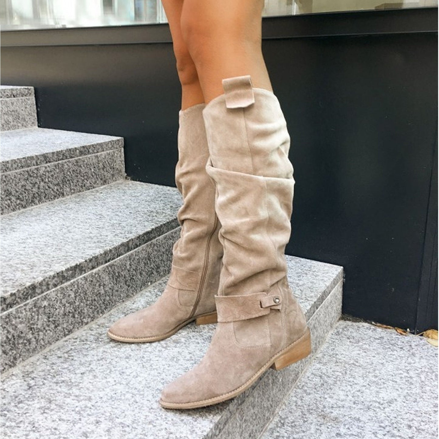 Low Heel Side Zipper Suede Women's High Boots