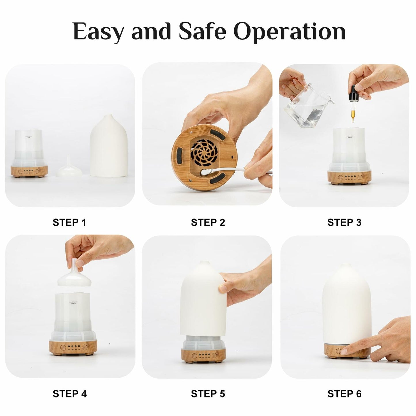 Ceramic Ultrasonic Oil Diffuser Wood Grain Black 100ML USB Adapter 7-Color LED