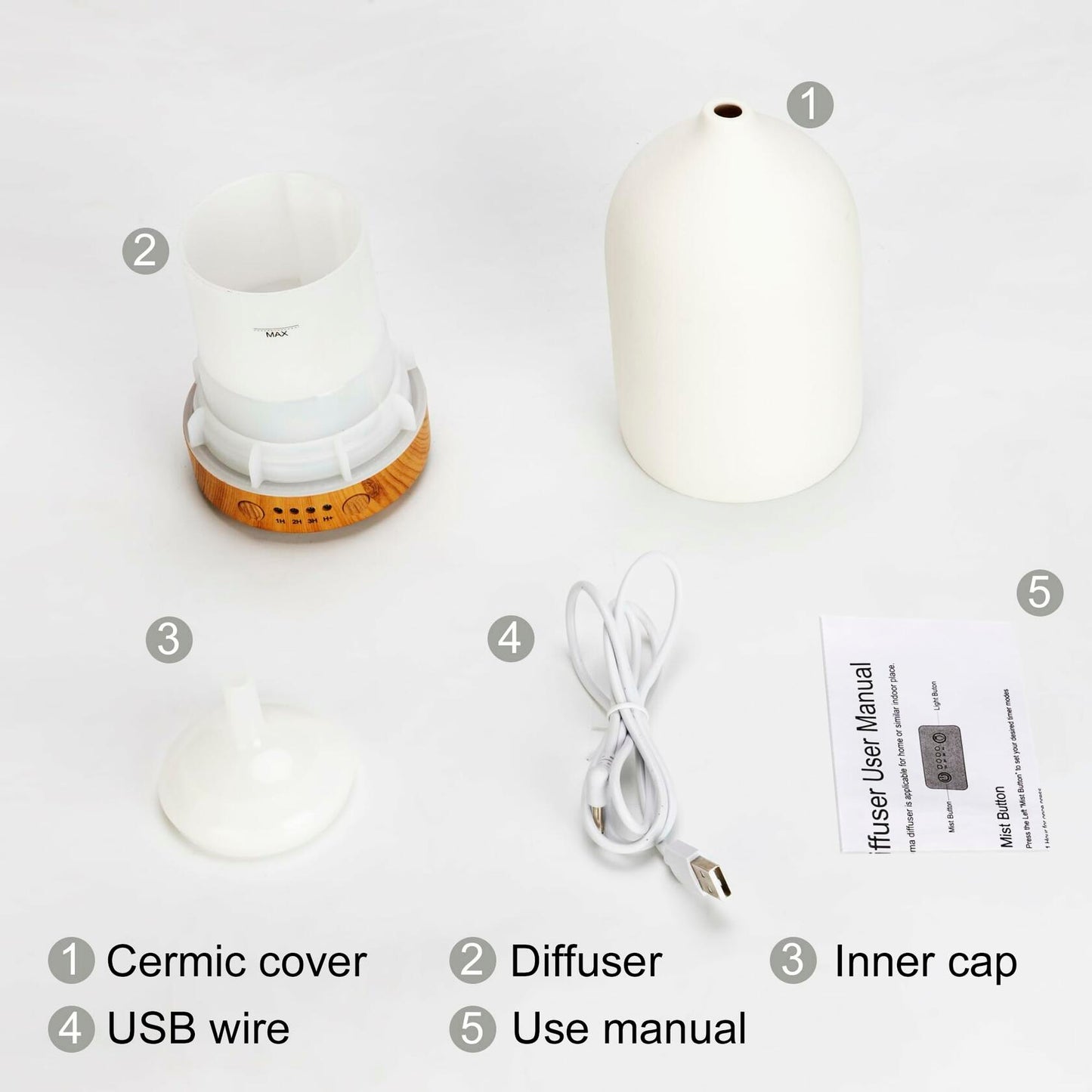 Ceramic Ultrasonic Oil Diffuser Wood Grain Black 100ML USB Adapter 7-Color LED