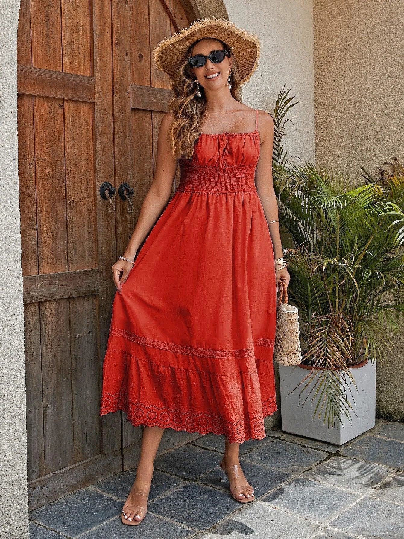 Women's Cotton Maxi Dress - Breathable Summer Dress with Elastic Waist, and French Romantic Style