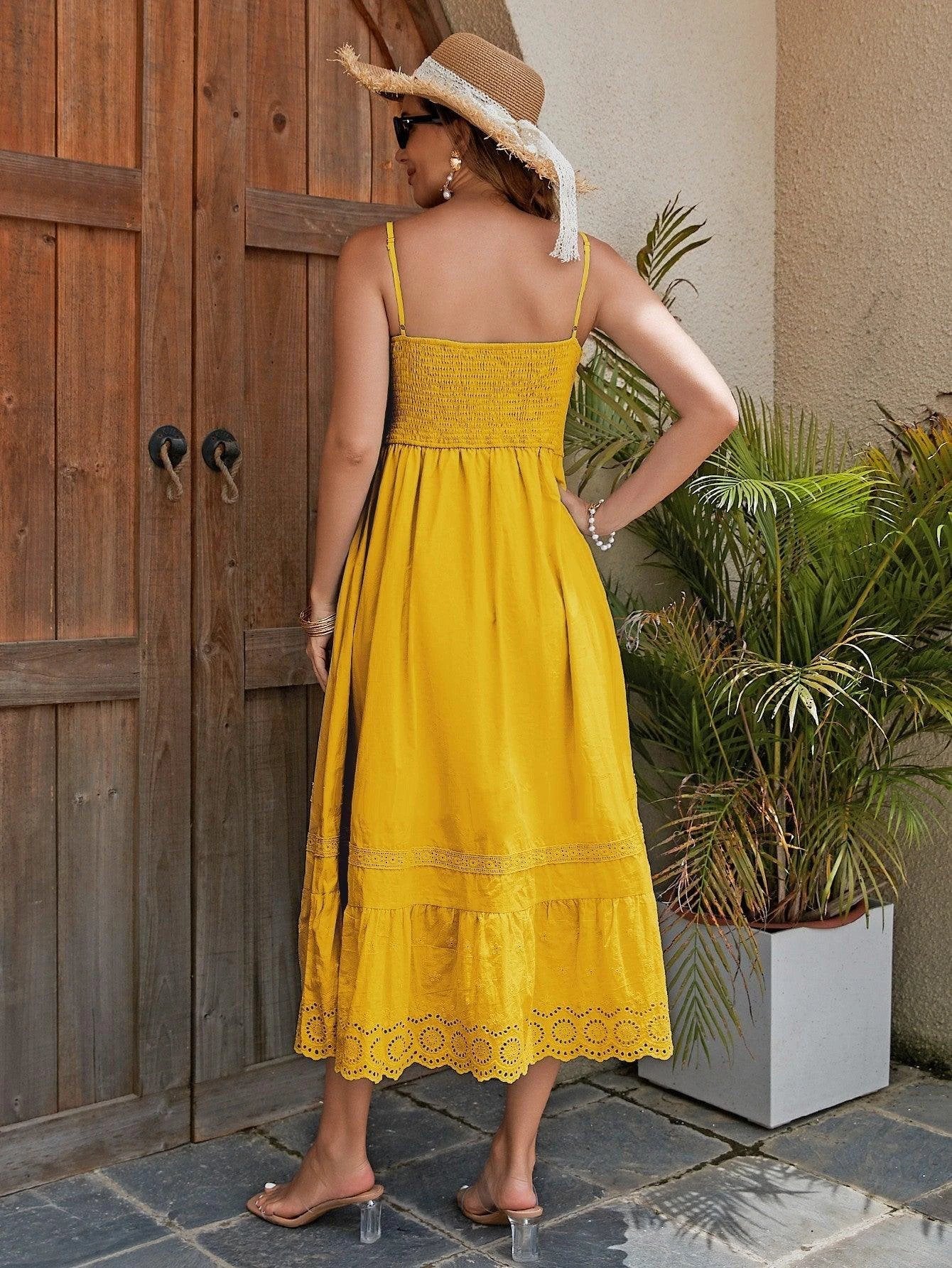 Women's Cotton Maxi Dress - Breathable Summer Dress with Embroidered Hem, Elastic Waist, And French Romantic Style