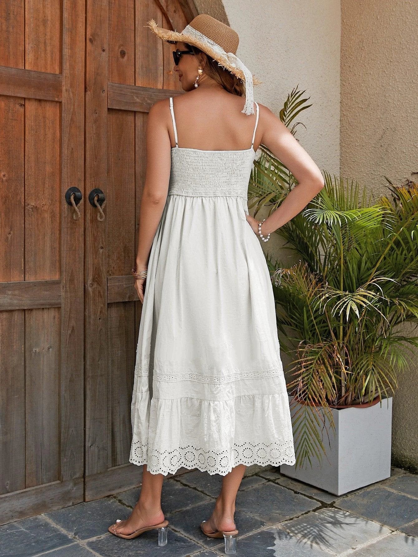 Women's Cotton Maxi Dress - Breathable Summer Dress with Embroidered Hem, Elastic Waist, and French Romantic Style