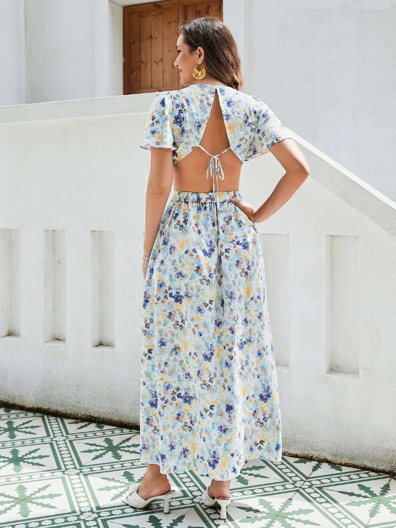 Women's Floral Print Maxi Dress - Elegant Vacation Dress with Ruffle Sleeves, Cutout Waist, and High Slit; Breathable Rayon Fabric